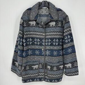 Vintage Fair Isle Wool Jacket M Bear Trees Shacket Button Down Gray Blue